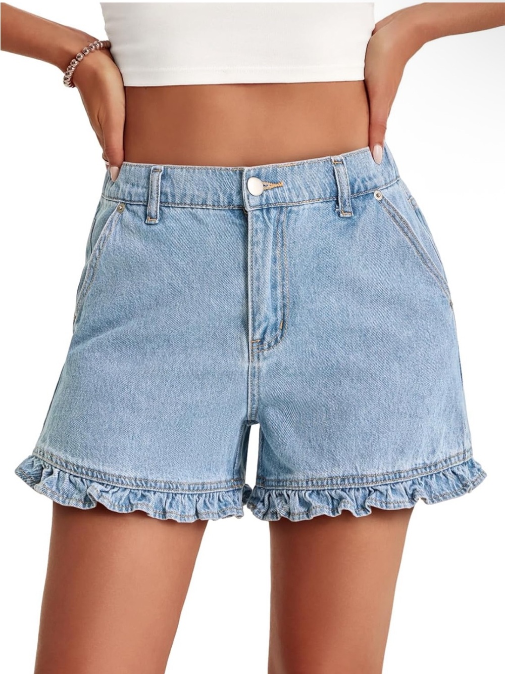 Light Blue Ruffle Hem Denim Shorts. NWT. Size 8